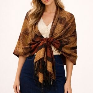 Vtg FC Navy Blue Rust Gold Leaf Pattern Fringe Shawl